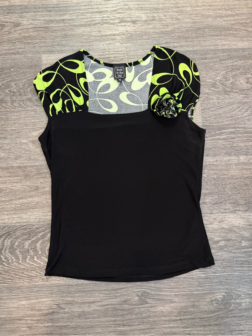 Y2K Black Top with Lime Patterned Cap Sleeves